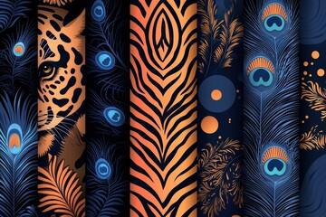 Exotic patterns: leopard, tiger stripes, and peacock feathers in vibrant colorful design