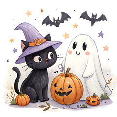 Halloween Cat and Ghost Friends" - This adorable watercolor illustration features a cute black cat wearing a purple witch hat, sitting alongside a friendly white ghost. They are surrounded by festive 