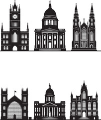 Flat Silhouette Icons of Iconic Architecture. Courthouse, Cathedral and More