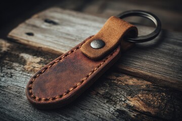 Close-up of a rustic brown leather key fob.
