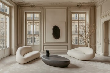 An editorial-style Parisian apartment with high ceilings, floor-to-ceiling windows, minimalist furniture, and a striking art piece on display, exuding effortless cool