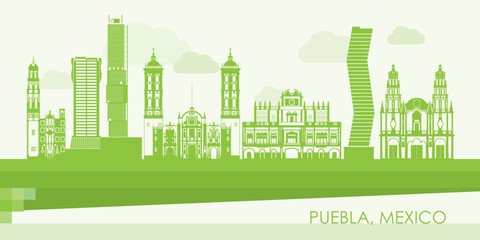 Green Skyline panorama of city of Puebla, Mexico - vector illustration