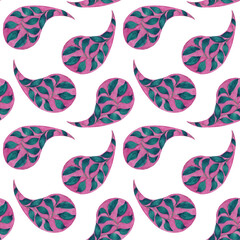 Hand-Painted Pink and Teal Watercolor Paisley Seamless Pattern: Vibrant Abstract Design for Bohemian Fabrics, Dynamic Wall Decor and Artistic Product Styling