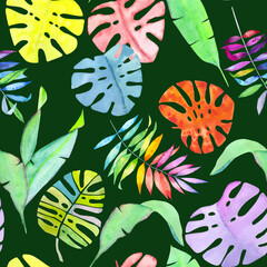Rainbow Watercolour Tropical Leaves Seamless Pattern, Vibrant Monstera and Palm Foliage Repeat, Colourful Jungle Botanical Fabric, Artistic Exotic Leaf Design, Bright Paradise Print