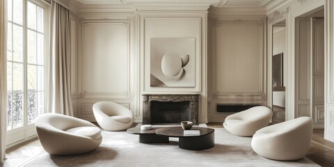 An editorial-style Parisian apartment with high ceilings, floor-to-ceiling windows, minimalist furniture, and a striking art piece on display, exuding effortless cool