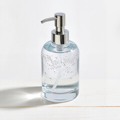Obraz premium Clear liquid soap dispenser with silver pump on wooden surface 