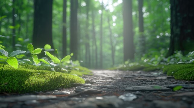 A sunlit forest path, with fresh greenery and moss