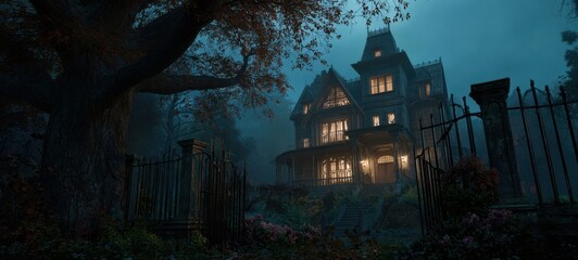 The haunting elegance of a mysterious mansion shrouded in fog.