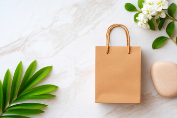 Eco-friendly paper shopping bag on sleek white marble surface