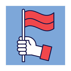Hand holding a red flag against a blue background demonstrating protest or freedom