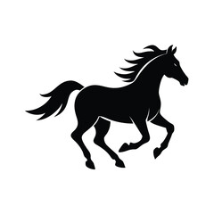 Elegant black silhouette of a running horse symbolizing freedom and power on white background