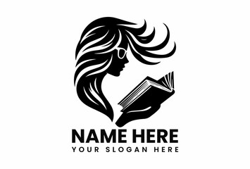 Sophisticated black silhouette vector logo of intellectual woman with glasses reading book for education and literacy concept
