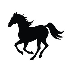 Elegant black silhouette of a galloping horse isolated on a clean white background