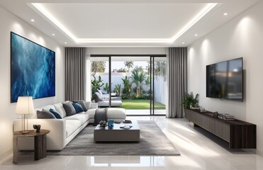 Modern living room with outdoor patio view