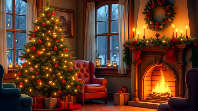 Cozy Christmas living room with a beautifully decorated tree, warm fireplace, and festive wreath, creating a magical holiday atmosphere.
