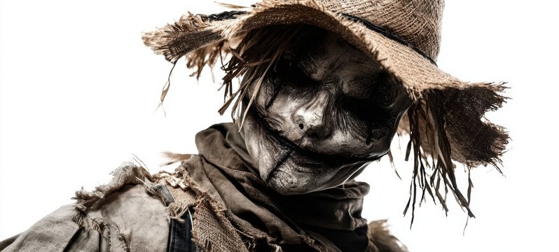 The eerie scarecrow lurking in the shadows with haunting visage.