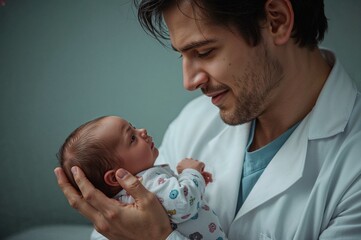 Doctor in white coat holding a newborn baby looking at each other with love and care in hospital room on transparent background