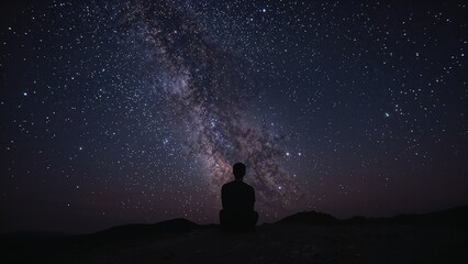Obraz premium Silhouette of a person sitting under a vibrant milky way with countless stars in the night sky on transparent background