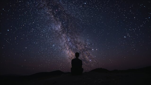 Silhouette of a person sitting under a vibrant milky way with countless stars in the night sky on transparent background