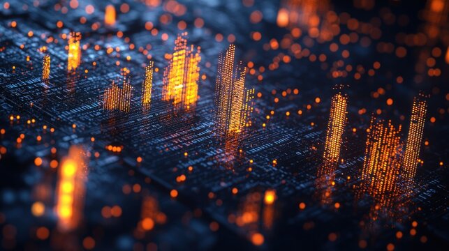 Abstract cityscape with orange glows on grid
