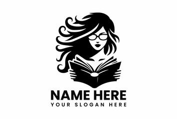 Sophisticated black silhouette vector logo of intellectual woman with glasses reading book for education and literacy concept