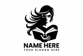 Sophisticated black silhouette vector logo of intellectual woman with glasses reading book for education and literacy concept