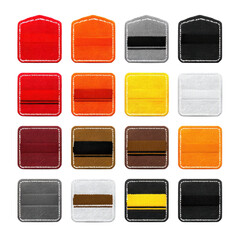 Colorful fabric patches in various shapes and colors, including red, orange, yellow, brown, and gray, are arranged in grid pattern. Each patch features distinct stitching and design elements