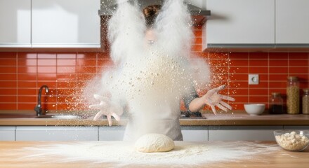 Woman baking bread with flour explosion in modern kitchen