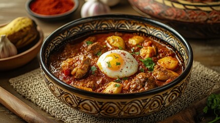 Hearty stew with potatoes, meat, and a poached egg.