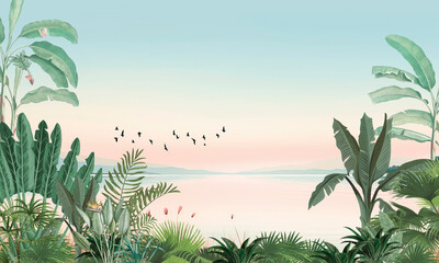 Muted Green Tropical Landscape Wallpaper: Birds, Palms, Pink Blue Sky & Water © csinie1