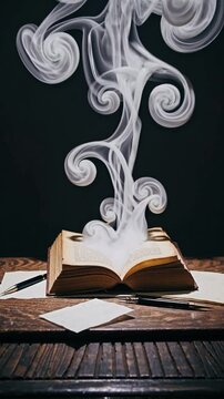 Livre ancien avec fum&eacute;e magique s&rsquo;&eacute;chappant des pages