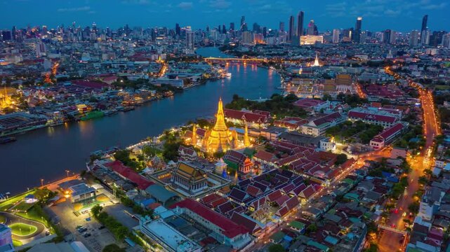 Panoramic Aerial View of Bangkok Skyline at Twilight, Featuring Wat Arun