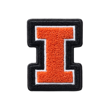 Orange and black varsity letter patch in shape of letter I with textured surface. patch features bold design with white outline, commonly used for jackets