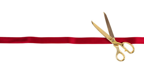 Gold scissors cutting red ribbon isolated on a white background png ai generated