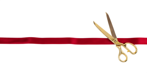 Gold scissors cutting red ribbon isolated on a white background png ai generated