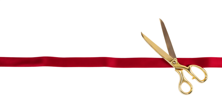Gold scissors cutting red ribbon isolated on a white background png ai generated