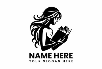 Elegant black silhouette vector logo of a woman with long hair and glasses engrossed in reading a book. Education and literacy concept