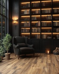 Dark, elegant library with bookshelves and armchair
