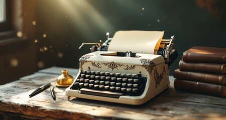 Vintage typewriter on wooden desk with books and pen in warm sunlight National Typewriter Day