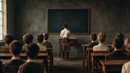19th century European classroom chalkboard wooden desks teacher in historical attire attentive students photorealistic educational evolution scene