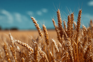 Fototapeta premium Zbliżenie na złote kłosy pszenicy na polu, z ostrym światłem słońca na błękitnym niebie z rozmywającymi się chmurami w tle.