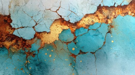 A cracked wall with blue and gold colors. The blue and gold colors give the painting a sense of depth and texture, while the cracks in the wall add a sense of wear and tear
