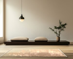 Modern Japandi living room with dark wood furniture, soft beige rugs, and light wood flooring