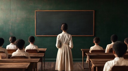 19th century European classroom chalkboard wooden desks teacher in historical attire attentive students photorealistic educational evolution scene