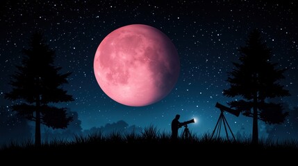 Planet Astronomer using a telescope to examine planets in the night sky, surrounded by equipment.
