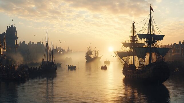 Age of Exploration European port wooden sailing ships explorers in armor and capes globes and maps loading goods ocean mist photorealistic 15th century maritime history
