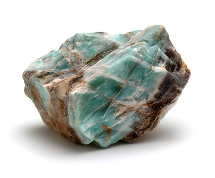 Amazonite Stone Specimen - Raw Crystal Chunk with Teal Green and Brown Markings on White Background for Geology and Mineralogy (149 characters)