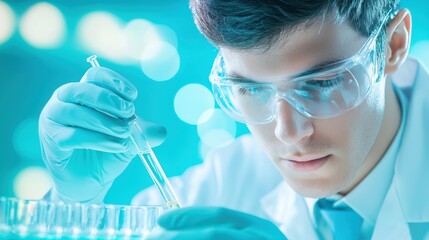 Lab Biochemist working with chemical solutions to create new substances for research purposes.