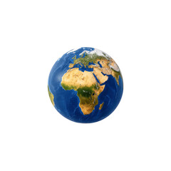 Detailed image of Earth showcasing continents and oceans, highlighting Africa, Europe, and Asia. globe is set against transparency background, emphasizing its vibrant colors