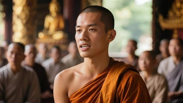 Monje budista  hablando con su comunidad